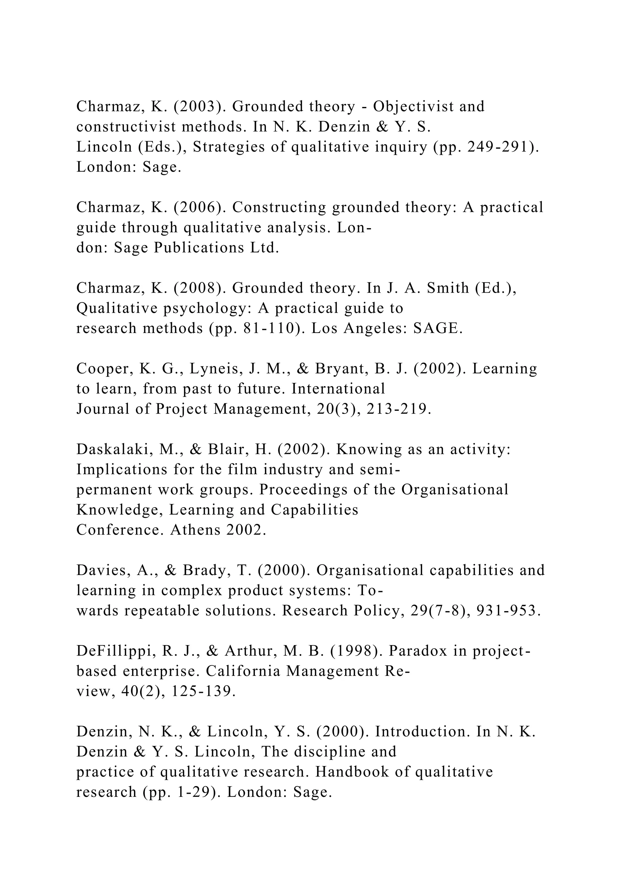 Charmaz, K. (2003). Grounded theory - Objectivist and
constructivist methods. In N. K. Denzin & Y. S.
Lincoln (Eds.), Strategies of qualitative inquiry (pp. 249-291).
London: Sage.
Charmaz, K. (2006). Constructing grounded theory: A practical
guide through qualitative analysis. Lon-
don: Sage Publications Ltd.
Charmaz, K. (2008). Grounded theory. In J. A. Smith (Ed.),
Qualitative psychology: A practical guide to
research methods (pp. 81-110). Los Angeles: SAGE.
Cooper, K. G., Lyneis, J. M., & Bryant, B. J. (2002). Learning
to learn, from past to future. International
Journal of Project Management, 20(3), 213-219.
Daskalaki, M., & Blair, H. (2002). Knowing as an activity:
Implications for the film industry and semi-
permanent work groups. Proceedings of the Organisational
Knowledge, Learning and Capabilities
Conference. Athens 2002.
Davies, A., & Brady, T. (2000). Organisational capabilities and
learning in complex product systems: To-
wards repeatable solutions. Research Policy, 29(7-8), 931-953.
DeFillippi, R. J., & Arthur, M. B. (1998). Paradox in project-
based enterprise. California Management Re-
view, 40(2), 125-139.
Denzin, N. K., & Lincoln, Y. S. (2000). Introduction. In N. K.
Denzin & Y. S. Lincoln, The discipline and
practice of qualitative research. Handbook of qualitative
research (pp. 1-29). London: Sage.
 