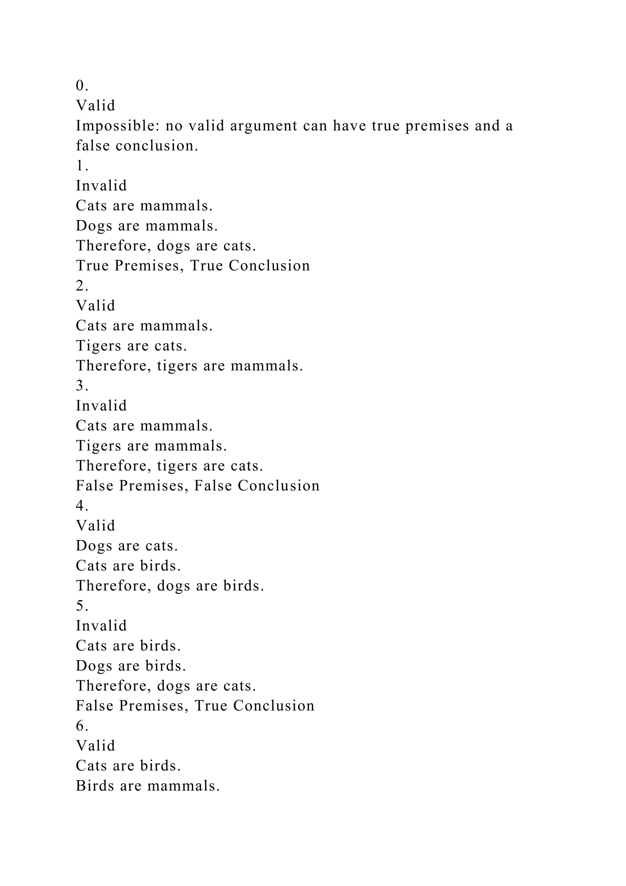 0.
Valid
Impossible: no valid argument can have true premises and a
false conclusion.
1.
Invalid
Cats are mammals.
Dogs are mammals.
Therefore, dogs are cats.
True Premises, True Conclusion
2.
Valid
Cats are mammals.
Tigers are cats.
Therefore, tigers are mammals.
3.
Invalid
Cats are mammals.
Tigers are mammals.
Therefore, tigers are cats.
False Premises, False Conclusion
4.
Valid
Dogs are cats.
Cats are birds.
Therefore, dogs are birds.
5.
Invalid
Cats are birds.
Dogs are birds.
Therefore, dogs are cats.
False Premises, True Conclusion
6.
Valid
Cats are birds.
Birds are mammals.
 