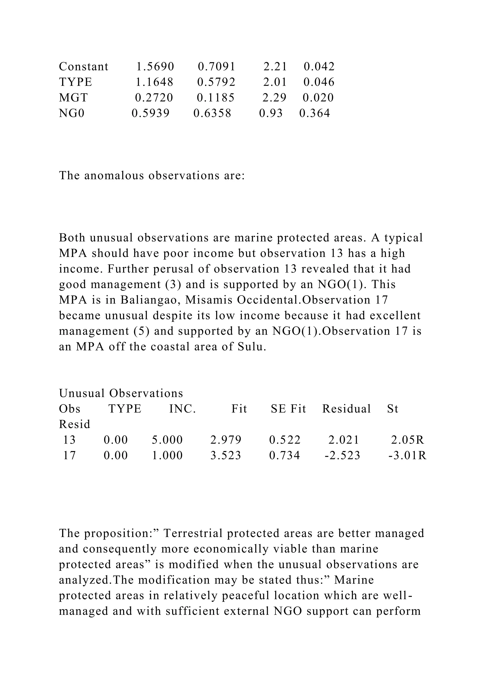 Constant 1.5690 0.7091 2.21 0.042
TYPE 1.1648 0.5792 2.01 0.046
MGT 0.2720 0.1185 2.29 0.020
NG0 0.5939 0.6358 0.93 0.364
The anomalous observations are:
Both unusual observations are marine protected areas. A typical
MPA should have poor income but observation 13 has a high
income. Further perusal of observation 13 revealed that it had
good management (3) and is supported by an NGO(1). This
MPA is in Baliangao, Misamis Occidental.Observation 17
became unusual despite its low income because it had excellent
management (5) and supported by an NGO(1).Observation 17 is
an MPA off the coastal area of Sulu.
Unusual Observations
Obs TYPE INC. Fit SE Fit Residual St
Resid
13 0.00 5.000 2.979 0.522 2.021 2.05R
17 0.00 1.000 3.523 0.734 -2.523 -3.01R
The proposition:” Terrestrial protected areas are better managed
and consequently more economically viable than marine
protected areas” is modified when the unusual observations are
analyzed.The modification may be stated thus:” Marine
protected areas in relatively peaceful location which are well-
managed and with sufficient external NGO support can perform
 