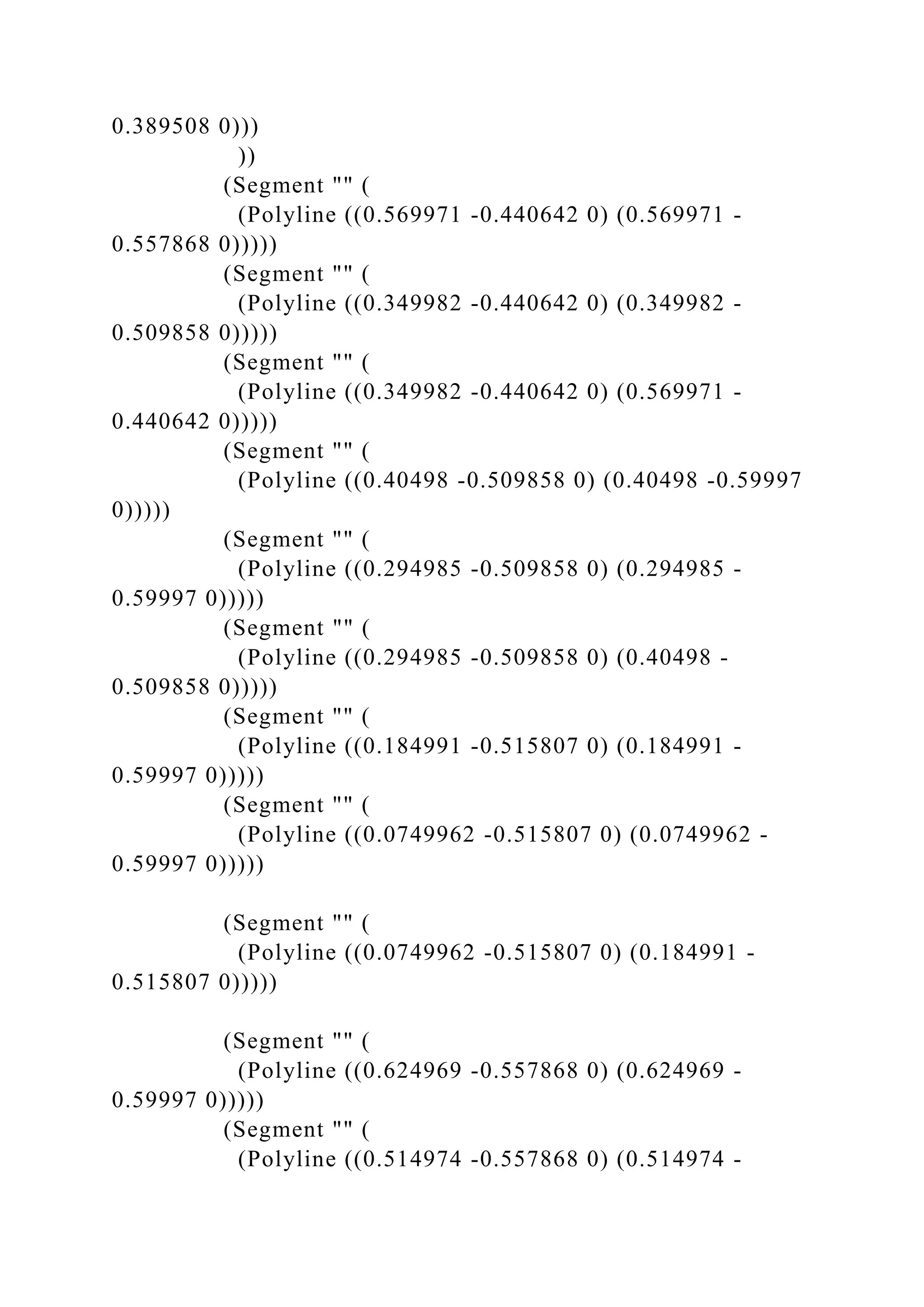 0.389508 0)))
))
(Segment "" (
(Polyline ((0.569971 -0.440642 0) (0.569971 -
0.557868 0)))))
(Segment "" (
(Polyline ((0.349982 -0.440642 0) (0.349982 -
0.509858 0)))))
(Segment "" (
(Polyline ((0.349982 -0.440642 0) (0.569971 -
0.440642 0)))))
(Segment "" (
(Polyline ((0.40498 -0.509858 0) (0.40498 -0.59997
0)))))
(Segment "" (
(Polyline ((0.294985 -0.509858 0) (0.294985 -
0.59997 0)))))
(Segment "" (
(Polyline ((0.294985 -0.509858 0) (0.40498 -
0.509858 0)))))
(Segment "" (
(Polyline ((0.184991 -0.515807 0) (0.184991 -
0.59997 0)))))
(Segment "" (
(Polyline ((0.0749962 -0.515807 0) (0.0749962 -
0.59997 0)))))
(Segment "" (
(Polyline ((0.0749962 -0.515807 0) (0.184991 -
0.515807 0)))))
(Segment "" (
(Polyline ((0.624969 -0.557868 0) (0.624969 -
0.59997 0)))))
(Segment "" (
(Polyline ((0.514974 -0.557868 0) (0.514974 -
 