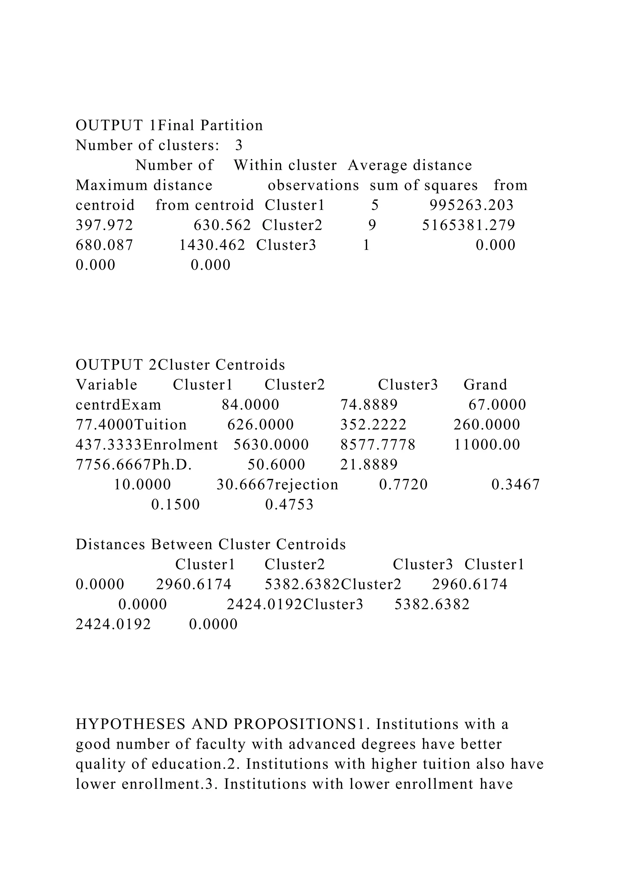 OUTPUT 1Final Partition
Number of clusters: 3
Number of Within cluster Average distance
Maximum distance observations sum of squares from
centroid from centroid Cluster1 5 995263.203
397.972 630.562 Cluster2 9 5165381.279
680.087 1430.462 Cluster3 1 0.000
0.000 0.000
OUTPUT 2Cluster Centroids
Variable Cluster1 Cluster2 Cluster3 Grand
centrdExam 84.0000 74.8889 67.0000
77.4000Tuition 626.0000 352.2222 260.0000
437.3333Enrolment 5630.0000 8577.7778 11000.00
7756.6667Ph.D. 50.6000 21.8889
10.0000 30.6667rejection 0.7720 0.3467
0.1500 0.4753
Distances Between Cluster Centroids
Cluster1 Cluster2 Cluster3 Cluster1
0.0000 2960.6174 5382.6382Cluster2 2960.6174
0.0000 2424.0192Cluster3 5382.6382
2424.0192 0.0000
HYPOTHESES AND PROPOSITIONS1. Institutions with a
good number of faculty with advanced degrees have better
quality of education.2. Institutions with higher tuition also have
lower enrollment.3. Institutions with lower enrollment have
 