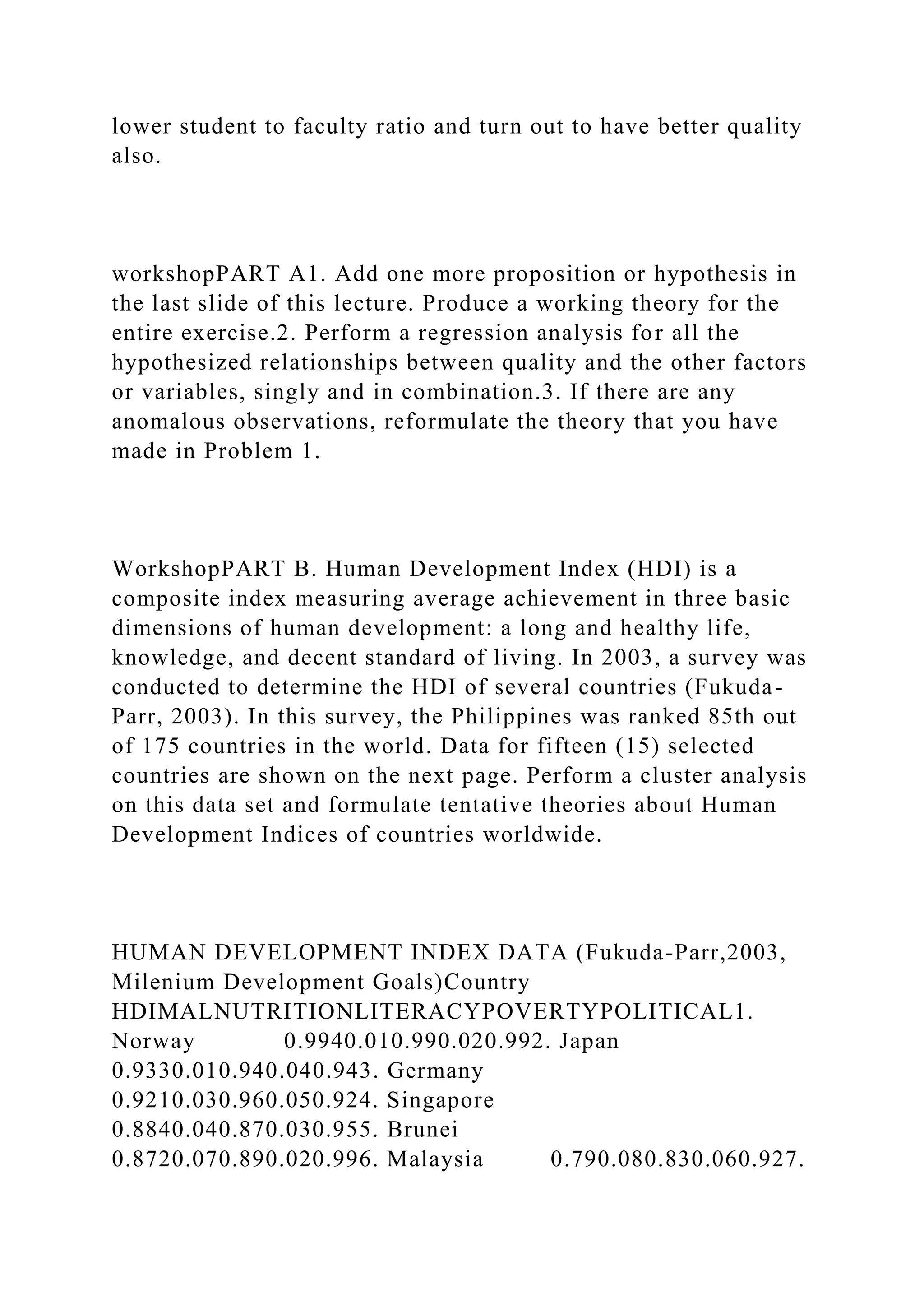 lower student to faculty ratio and turn out to have better quality
also.
workshopPART A1. Add one more proposition or hypothesis in
the last slide of this lecture. Produce a working theory for the
entire exercise.2. Perform a regression analysis for all the
hypothesized relationships between quality and the other factors
or variables, singly and in combination.3. If there are any
anomalous observations, reformulate the theory that you have
made in Problem 1.
WorkshopPART B. Human Development Index (HDI) is a
composite index measuring average achievement in three basic
dimensions of human development: a long and healthy life,
knowledge, and decent standard of living. In 2003, a survey was
conducted to determine the HDI of several countries (Fukuda-
Parr, 2003). In this survey, the Philippines was ranked 85th out
of 175 countries in the world. Data for fifteen (15) selected
countries are shown on the next page. Perform a cluster analysis
on this data set and formulate tentative theories about Human
Development Indices of countries worldwide.
HUMAN DEVELOPMENT INDEX DATA (Fukuda-Parr,2003,
Milenium Development Goals)Country
HDIMALNUTRITIONLITERACYPOVERTYPOLITICAL1.
Norway 0.9940.010.990.020.992. Japan
0.9330.010.940.040.943. Germany
0.9210.030.960.050.924. Singapore
0.8840.040.870.030.955. Brunei
0.8720.070.890.020.996. Malaysia 0.790.080.830.060.927.
 
