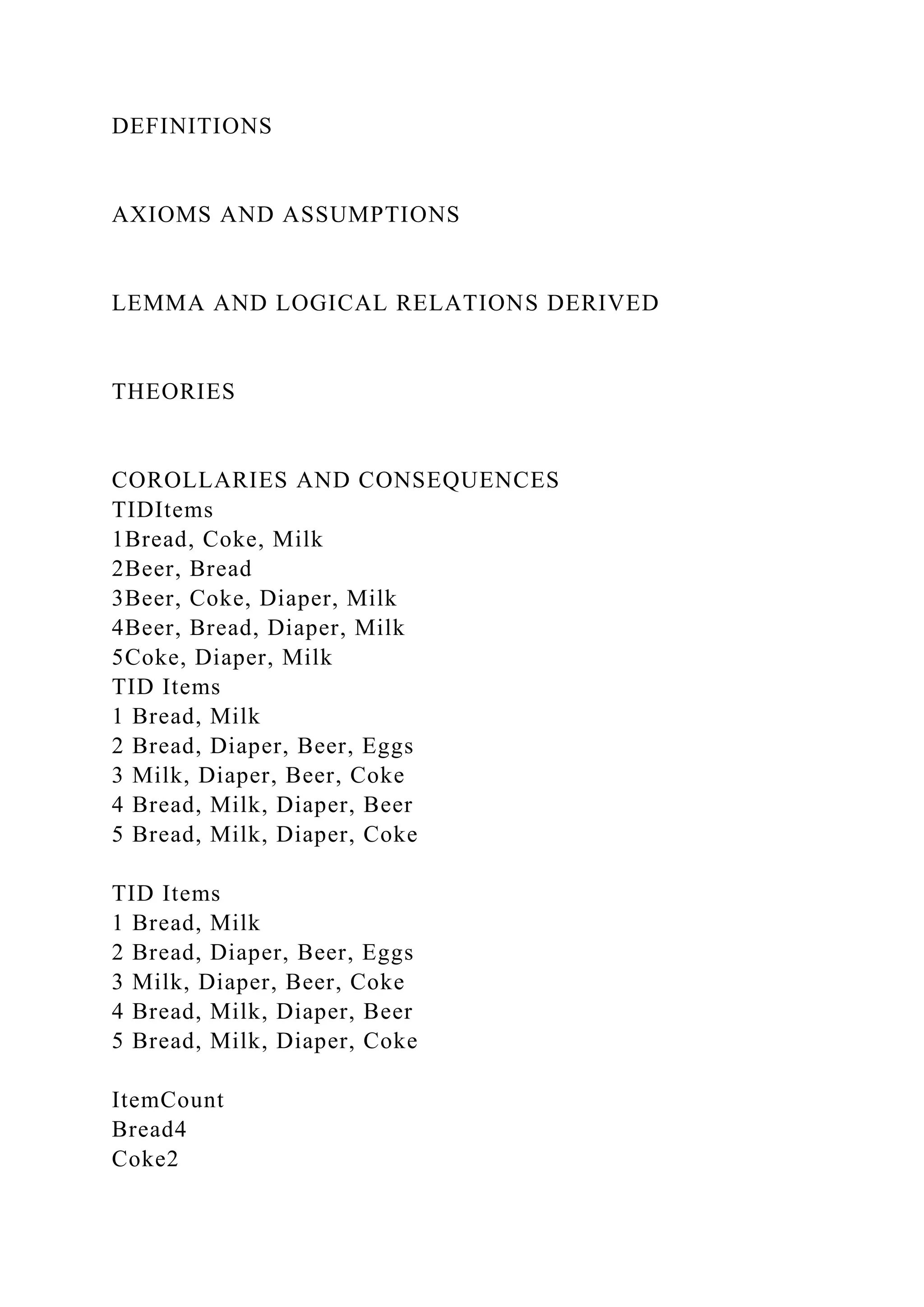 DEFINITIONS
AXIOMS AND ASSUMPTIONS
LEMMA AND LOGICAL RELATIONS DERIVED
THEORIES
COROLLARIES AND CONSEQUENCES
TIDItems
1Bread, Coke, Milk
2Beer, Bread
3Beer, Coke, Diaper, Milk
4Beer, Bread, Diaper, Milk
5Coke, Diaper, Milk
TID Items
1 Bread, Milk
2 Bread, Diaper, Beer, Eggs
3 Milk, Diaper, Beer, Coke
4 Bread, Milk, Diaper, Beer
5 Bread, Milk, Diaper, Coke
TID Items
1 Bread, Milk
2 Bread, Diaper, Beer, Eggs
3 Milk, Diaper, Beer, Coke
4 Bread, Milk, Diaper, Beer
5 Bread, Milk, Diaper, Coke
ItemCount
Bread4
Coke2
 