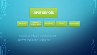 INPUT DEVICES
Keyboard
Mouse /
pointing device
Microphone Scanner Digital camera
22
Devices which are used to insert
information in the Computer
 