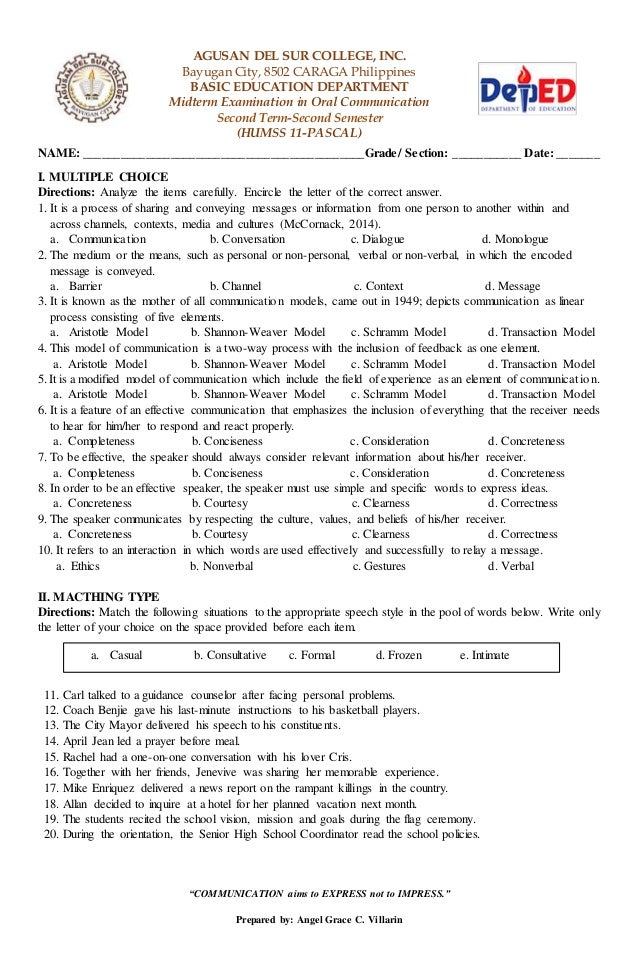 Midterm exam in oral communication