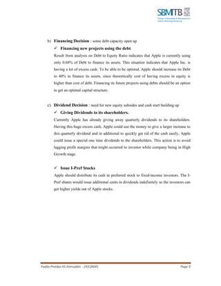 Fadila Pratika HS Alimuddin - 29318445 Page 9
b) Financing Decision : some debt capacity open up
✓ Financing new projects using the debt.
Result from analysis on Debt to Equity Ratio indicates that Apple is currently using
only 0.68% of Debt to finance its assets. This situation indicates that Apple Inc. is
having a lot of excess cash. To be able to be optimal, Apple should increase its Debt
to 40% to finance its assets, since theoretically cost of having excess in equity is
higher than cost of debt. Financing its future projects using debts should be an option
to get an optimal capital structure.
c) Dividend Decision : need for new equity subsides and cash start building up
✓ Giving Dividends to its shareholders.
Currently Apple has already giving away quarterly dividends to its shareholders.
Having this huge excess cash, Apple could use the money to give a larger increase to
this quarterly dividend and in additional to quickly get rid of the cash easily, Apple
could issue a special one time dividends to the shareholders. This action is to avoid
lagging profit margins that might occurred to investor while company being in High
Growth stage.
✓ Issue I-Pref Stocks
Apple should distribute its cash in preferred stock to fixed-income investors. The I-
Pref shares would issue additional cents in dividends indefinitely so the investors can
get higher yields out of Apple stocks.
 