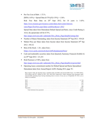 Fadila Pratika HS Alimuddin - 29318445 Page 4
▪ Pre-Tax Cost of Debt : 1.72 %
[RFR (1.65%) + Spread Data (0.75%)]*[1-35%] = 1.56%
Risk Free Rate Data on 28th
Sept 2012, for 10 years is 1.65%.
https://www.treasury.gov/resource-center/data-chart-center/interest-
rates/Pages/TextView.aspx?data=yieldYear&year=2012
Spread Data taken from Damodaran Default Spread and Ratio, since Credit Rating is
AAA, the spread data will be 0.75%.
http://pages.stern.nyu.edu/~adamodar/New_Home_Page/datafile/ratings.htm
▪ Number of Shares Outstanding, taken from Income Statement 29th
Sep 2012 : 939.20
▪ Market Price per Share taken from Income taken from Income Statement 29th
Sep
2012 : 595.32
▪ Beta of the Stock : 1.26 , taken from :
(https://www.zacks.com/stock/chart/AAPL/fundamental/beta)
▪ Cash and marketable securities taken from Quarterly Summary Financial (Exhibit 6)
on 29th
Sept 2012 : 121,251
▪ Risk Premium is 5.96%, taken from
http://pages.stern.nyu.edu/~adamodar/New_Home_Page/datafile/ctryprem.html
▪ Operating leases commitment number for Default Spread and Ratios Spreadsheet
Damodaran taken from Annual Report AAPL-Nasdaq 2012, page 70 :
 