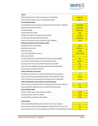 Fadila Pratika HS Alimuddin - 29318445 Page 5
Inputs
Please enter the name of the company you are analyzing: Apple Inc
Please enter the date that you are doing this analysis Aug-19
Financial Information
Earnings before interest expenses, depreciation & amortization (EBITDA) $58,518.00
Depreciation and Amortization: $2,672.00
Capital Spending: $8,295.00
Interest expense on debt: 35%
Marginal tax rate to use for pre-tax cost of debt 24.00%
Current Bond Rating on debt (if available): Aaa/AAA
Enter the current pre-tax cost of debt for your company 1.56%
Market Information & information on debt
Number of shares outstanding: 939.2
Market price per share: $595.32
Beta of the stock: 1.2160
Cash and marketable securities = $121,251.00
Book value of debt: -$
Can you estimate the market value of the interest bearing debt? No
If so, enter the market value of "interest bearing" debt: $0.00
Do you want me to try and estimate market value of debt? No
If yes, enter the weighted average maturity of outstanding debt? 0.00
Do you have any operating leases? Yes
Interest deduction constraints
Are there any restrictions on interest deductions for tax purposes? No
If yes, what earnings or operating measure is the restriction tied to? EBITDA
Enter the maximum percentage of that measure that is deductible 35.00%
Indirect bankruptcy costs & ratings constraints (if any)
Do you want to incorporate indirect bankruptcy costs into your optimal? No
If yes, specify the magnitude of your indirect bankruptcy costs Low
General Market Data
Current riskfree rate in the currency of analysis = 1.65%
Risk premium (for use in the CAPM) 5.96%
Country Default spread (for cost of debt) 0.75%
General Data
Which spread/ratio table would you like to use for your anlaysis? 1
Do you want to assume that existing debt is refinanced at the 'new' rate? Yes
Do you want the firm's current rating & cost of debt to be adjusted to the synthetic rating?Yes
 