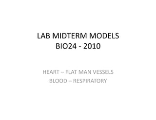 LAB MIDTERM MODELS 
    BIO24 ‐ 2010 

 HEART – FLAT MAN VESSELS 
   BLOOD – RESPIRATORY 
 