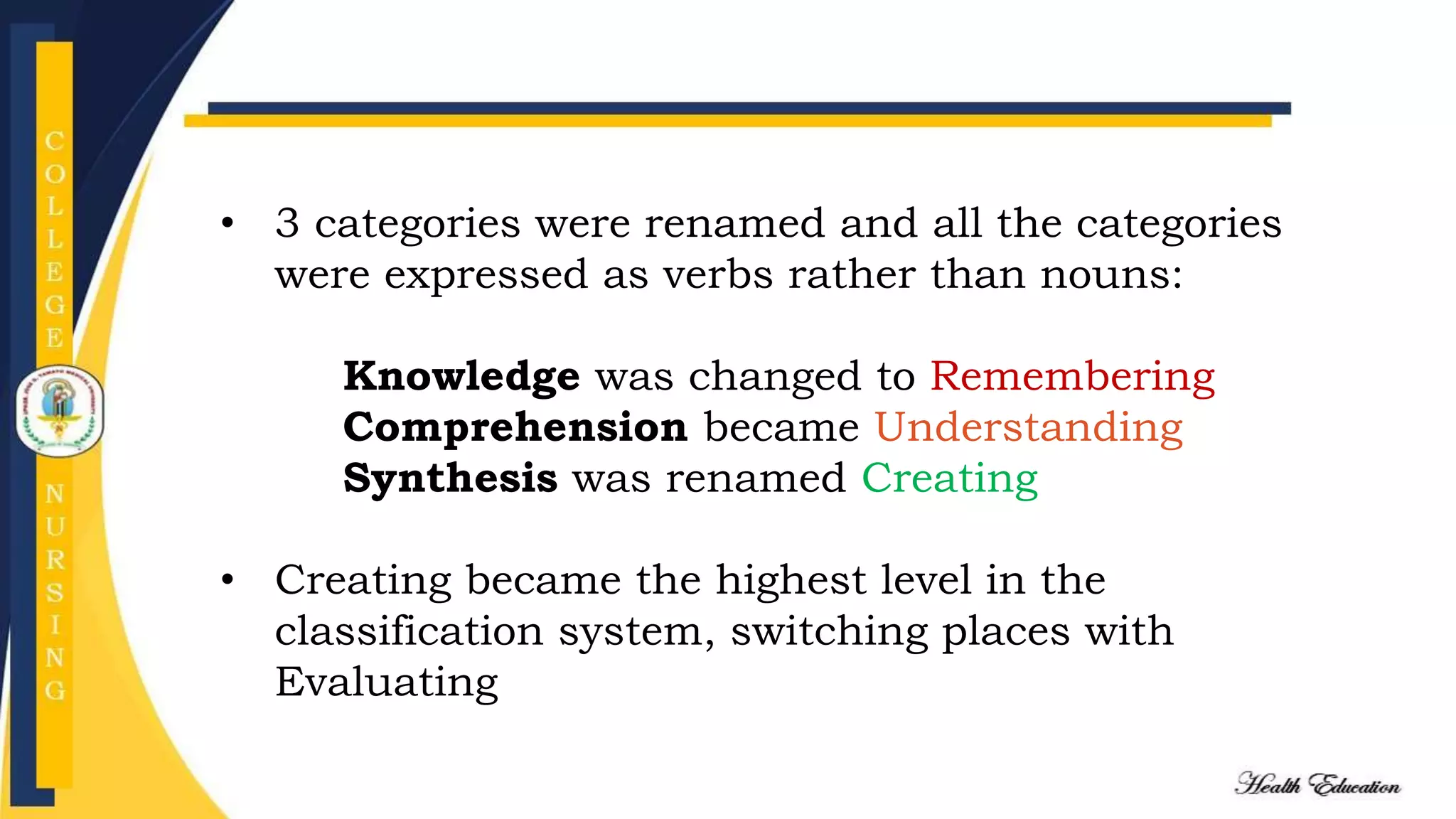 • 3 categories were renamed and all the categories
were expressed as verbs rather than nouns:
Knowledge was changed to Remembering
Comprehension became Understanding
Synthesis was renamed Creating
• Creating became the highest level in the
classification system, switching places with
Evaluating
 