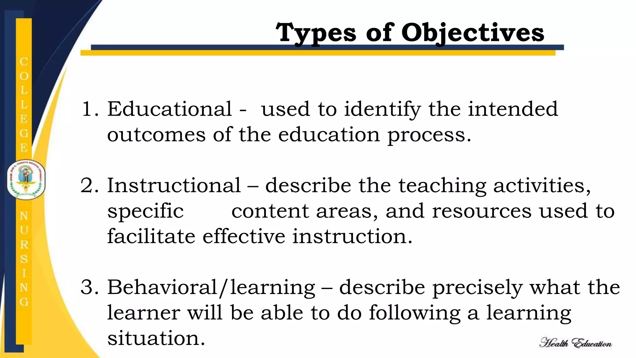 1. Educational - used to identify the intended
outcomes of the education process.
2. Instructional – describe the teaching activities,
specific content areas, and resources used to
facilitate effective instruction.
3. Behavioral/learning – describe precisely what the
learner will be able to do following a learning
situation.
Types of Objectives
 