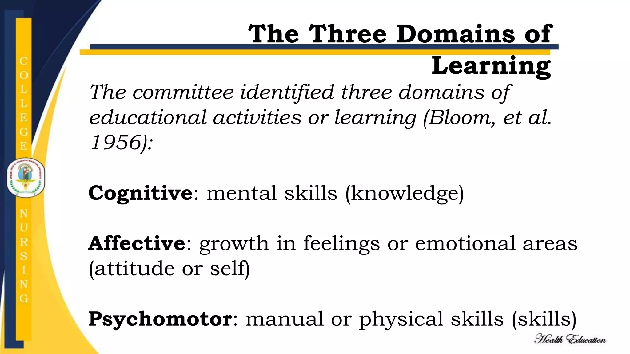 The committee identified three domains of
educational activities or learning (Bloom, et al.
1956):
Cognitive: mental skills (knowledge)
Affective: growth in feelings or emotional areas
(attitude or self)
Psychomotor: manual or physical skills (skills)
The Three Domains of
Learning
 