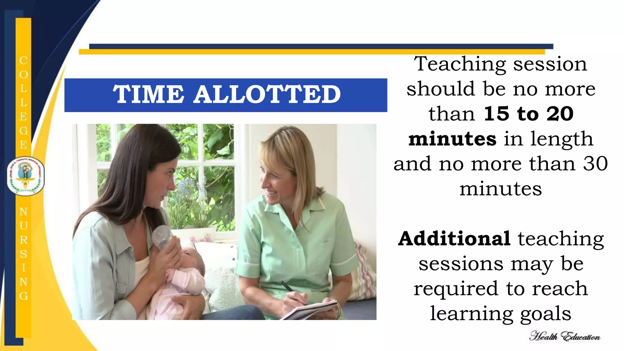 Teaching session
should be no more
than 15 to 20
minutes in length
and no more than 30
minutes
Additional teaching
sessions may be
required to reach
learning goals
TIME ALLOTTED
 