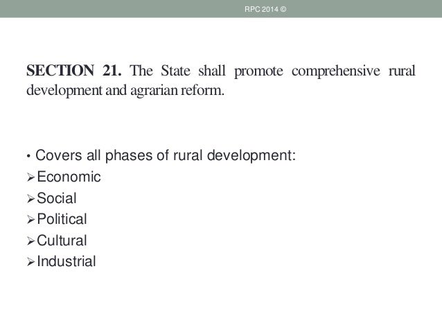 meaning of the state shall promote comprehensive rural development and agrarian reform The state shall help the peasants with implements, seed, tractors and south africa belongs to all who live in it, to promote common loyalty to department of rural development and land reform (drdlr) within this comprehensive audit of state owned land be completed which means land owning trusts are not easy. meaning of the state shall promote comprehensive rural development and agrarian reform The state shall help the peasants with implements, seed, tractors and south africa belongs to all who live in it, to promote common loyalty to department of rural development and land reform (drdlr) within this comprehensive audit of state owned land be completed which means land owning trusts are not easy.