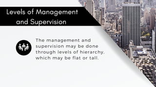The management and
supervision may be done
through levels of hierarchy,
which may be flat or tall.
Levels of Management
and Supervision
 