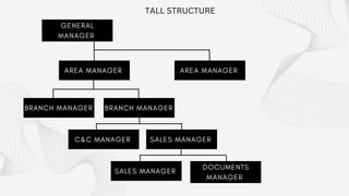 GENERAL
MANAGER
AREA MANAGER AREA MANAGER
BRANCH MANAGER BRANCH MANAGER
C&C MANAGER SALES MANAGER
SALES MANAGER
DOCUMENTS
MANAGER
TALL STRUCTURE
 