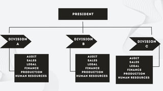 PRESIDENT
AUDIT
SALES
LEGAL
FINANCE
PRODUCTION
HUMAN RESOURCES
DIVISION
A
DIVISION
B
DIVISION
C
AUDIT
SALES
LEGAL
FINANCE
PRODUCTION
HUMAN RESOURCES
AUDIT
SALES
LEGAL
FINANCE
PRODUCTION
HUMAN RESOURCES
 