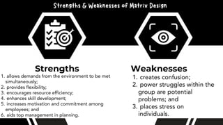 Strengths
allows demands from the environment to be met
simultaneously;
1.
provides flexibility;
2.
encourages resource efficiency;
3.
enhances skill development;
4.
increases motivation and commitment among
employees; and
5.
aids top management in planning.
6.
Weaknesses
creates confusion;
1.
power struggles within the
group are potential
problems; and
2.
places stress on
individuals.
3.
Strengths & Weaknesses of Matrix Design
 