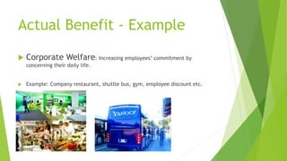 Actual Benefit - Example
 Corporate Welfare: Increasing employees’ commitment by
concerning their daily life.
 Example: Company restaurant, shuttle bus, gym, employee discount etc.
 
