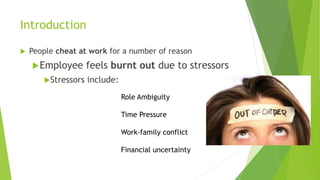 Introduction
 People cheat at work for a number of reason
Employee feels burnt out due to stressors
Stressors include:
Role Ambiguity
Time Pressure
Work-family conflict
Financial uncertainty
 