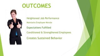 OUTCOMES
Heightened Job Performance
Maintains Employee Morale
Creates Sustained Behavior
Expectations Fulfilled
Conditioned & Strengthened Employees
 