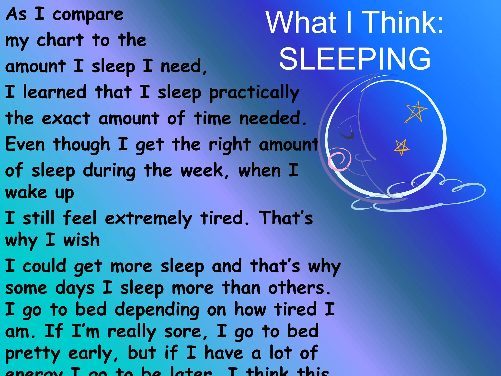 As I compare my chart to the amount I sleep I need, I learned that I sleep practically the exact amount of time needed.Even though I get the right amount of sleep during the week, when I wake up I still feel extremely tired. That’s why I wish I could get more sleep and that’s why some days I sleep more than others. I go to bed depending on how tired I am. If I’m really sore, I go to bed pretty early, but if I have a lot of energy I go to be later. I think this is the same for most people my age.What I Think:SLEEPING
