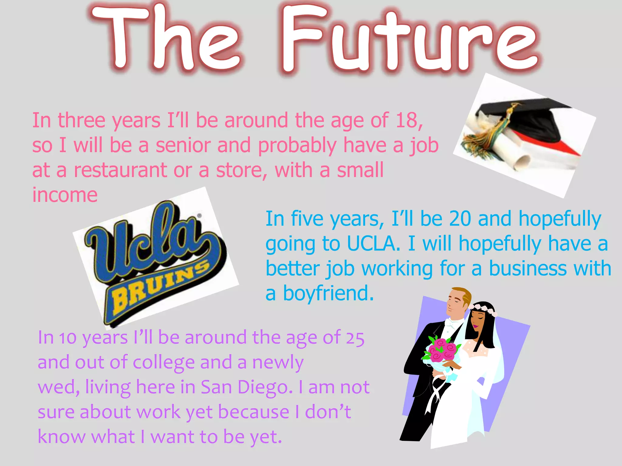 The FutureIn three years I’ll be around the age of 18, so I will be a senior and probably have a job at a restaurant or a store, with a small incomeIn five years, I’ll be 20 and hopefully going to UCLA. I will hopefully have a better job working for a business with a boyfriend.In 10 years I’ll be around the age of 25 and out of college and a newly wed, living here in San Diego. I am not sure about work yet because I don’t know what I want to be yet.