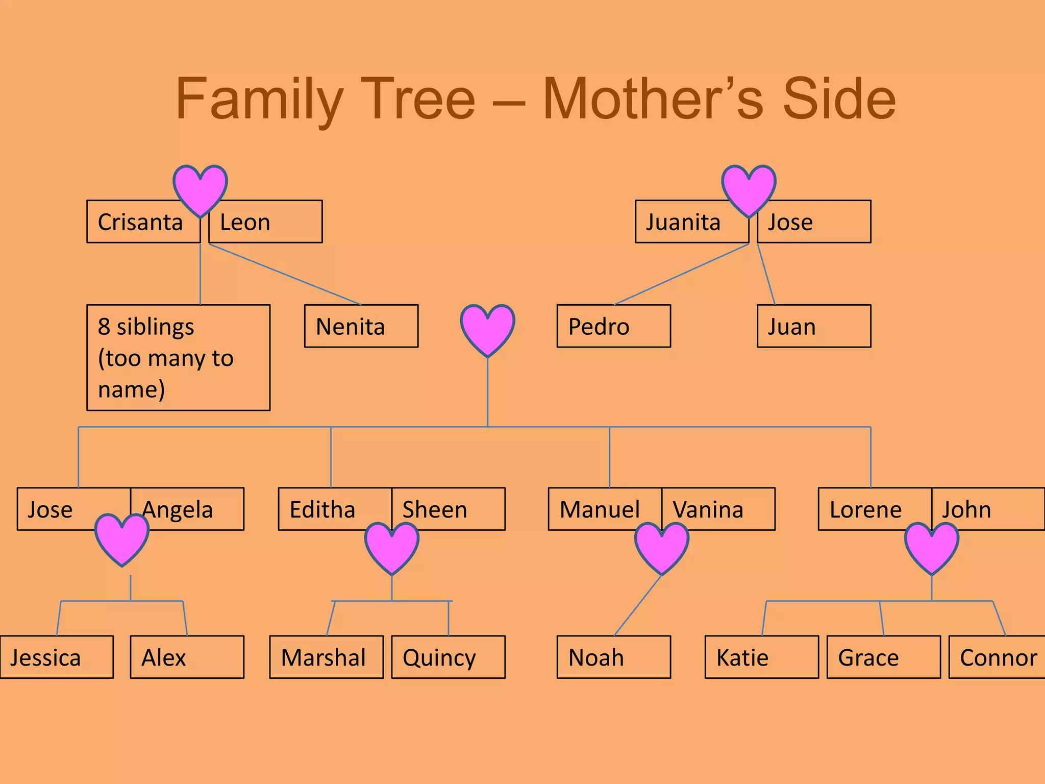 Family Tree – Mother’s SideCrisantaLeonJuanitaJose8 siblings (too many to name)NenitaPedroJuanJoseAngelaEdithaSheenManuelVaninaLoreneJohnJessicaAlexMarshalQuincyNoahKatieGraceConnor