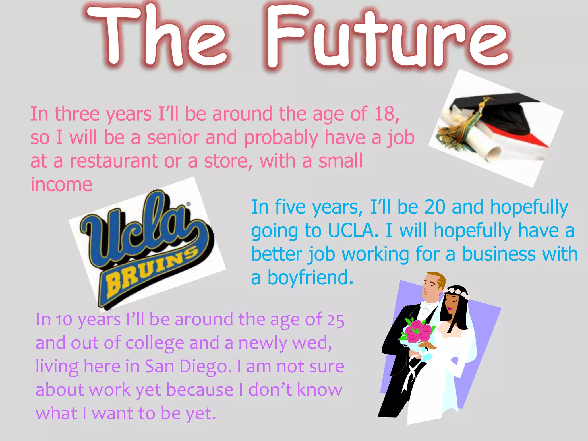The FutureIn three years I’ll be around the age of 18, so I will be a senior and probably have a job at a restaurant or a store, with a small incomeIn five years, I’ll be 20 and hopefully going to UCLA. I will hopefully have a better job working for a business with a boyfriend.In 10 years I’ll be around the age of 25 and out of college and a newly wed, living here in San Diego. I am not sure about work yet because I don’t know what I want to be yet.