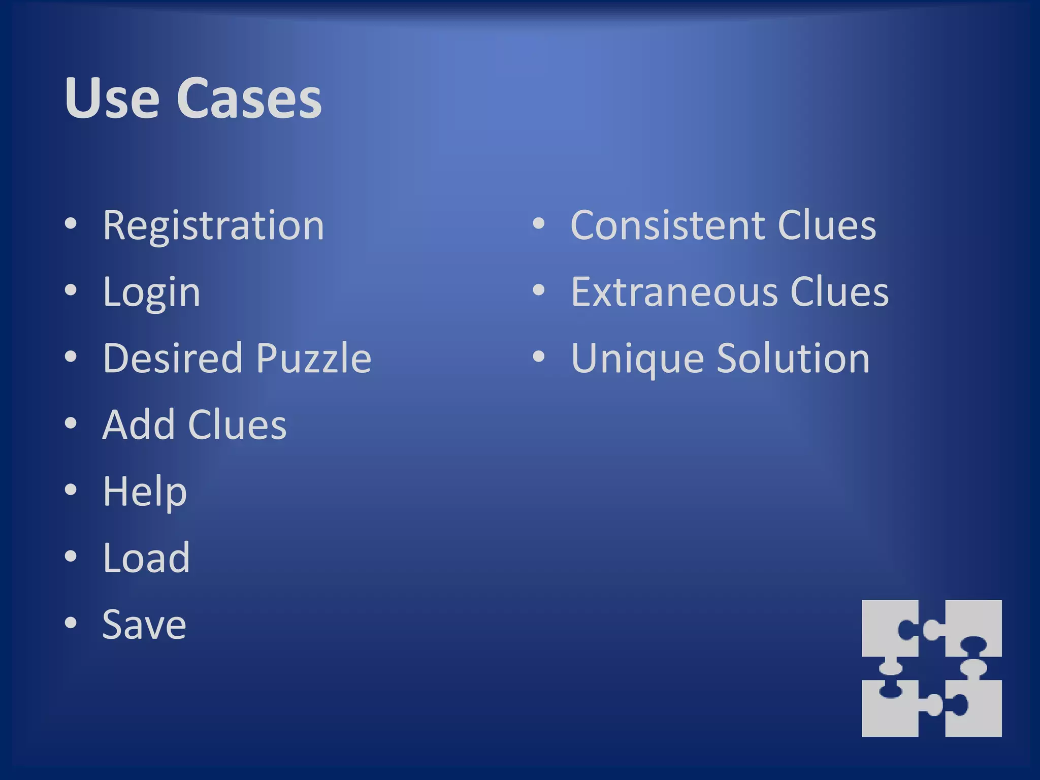 Use Cases
•   Registration     • Consistent Clues
•   Login            • Extraneous Clues
•   Desired Puzzle   • Unique Solution
•   Add Clues
•   Help
•   Load
•   Save
 