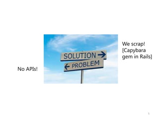 5
No APIs!
We scrap!
[Capybara
gem in Rails]
 