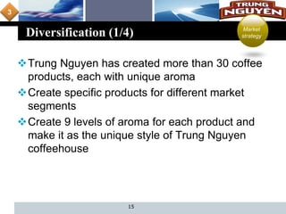 L o g o
Diversification (1/4)
Trung Nguyen has created more than 30 coffee
products, each with unique aroma
Create specific products for different market
segments
Create 9 levels of aroma for each product and
make it as the unique style of Trung Nguyen
coffeehouse
15
3
Market
strategy
 