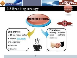 L o g o
3.3 Branding strategy
19
Sub-brands:
 G7 for instant coffee
 Weasel kopi luwak
and Legendee
Passiona
Creative
Branding strategy
Franchise:
Building success
upon partner’s
success.
3
Develop and
protect Brand
 