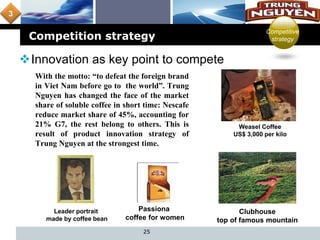 L o g o
Competition strategy
25
Innovation as key point to compete
With the motto: “to defeat the foreign brand
in Viet Nam before go to the world”. Trung
Nguyen has changed the face of the market
share of soluble coffee in short time: Nescafe
reduce market share of 45%, accounting for
21% G7, the rest belong to others. This is
result of product innovation strategy of
Trung Nguyen at the strongest time.
Weasel Coffee
US$ 3,000 per kilo
Passiona
coffee for women
Clubhouse
top of famous mountain
Competitive
strategy
3
Leader portrait
made by coffee bean
 