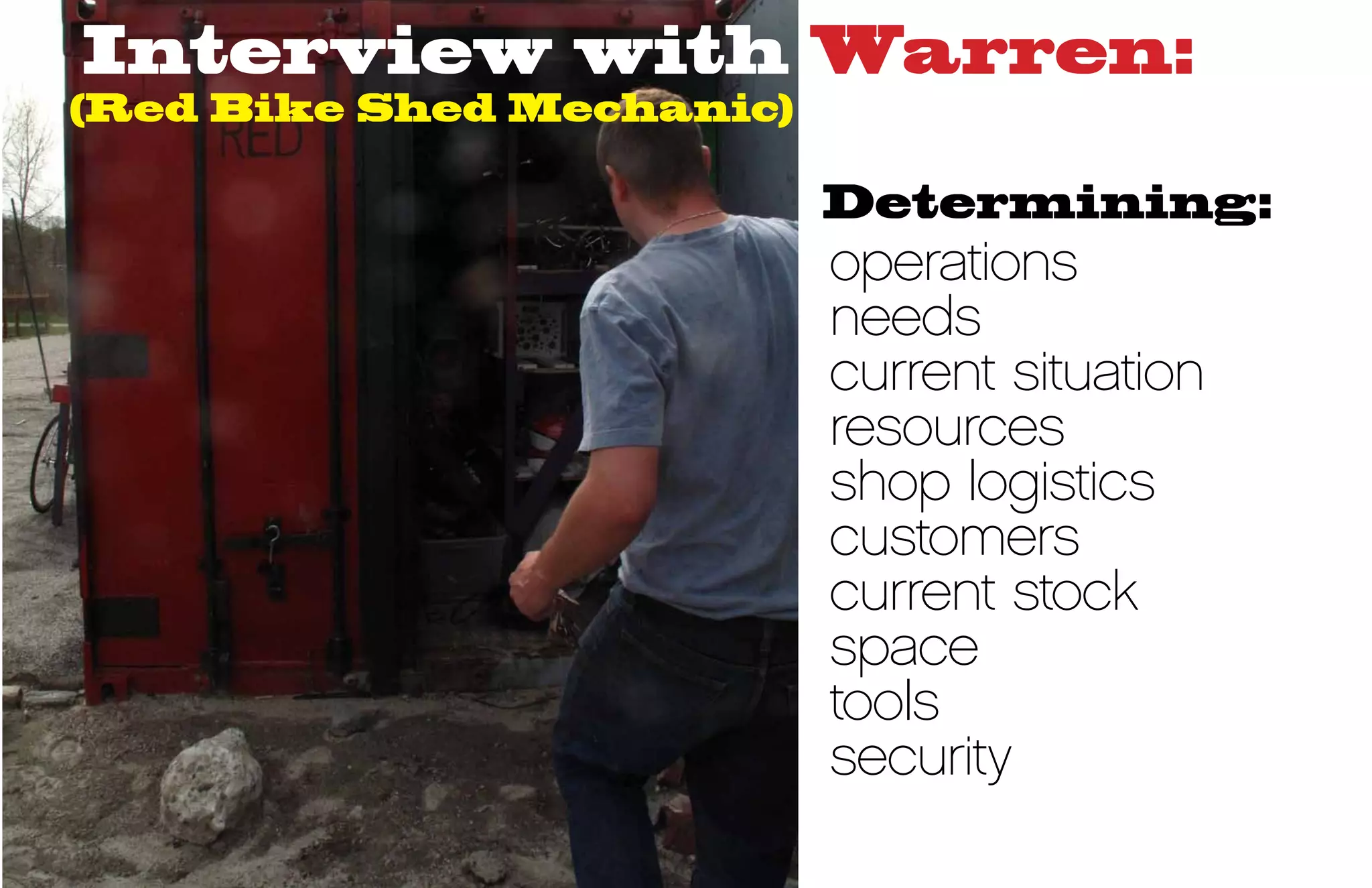 Interview with Warren:
(Red Bike Shed Mechanic)

                           Determining:
                           operations
                           needs
                           current situation
                           resources
                           shop logistics
                           customers
                           current stock
                           space
                           tools
                           security
 