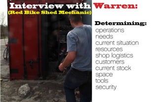 Interview with Warren:
(Red Bike Shed Mechanic)

                           Determining:
                           operations
                           needs
                           current situation
                           resources
                           shop logistics
                           customers
                           current stock
                           space
                           tools
                           security
 