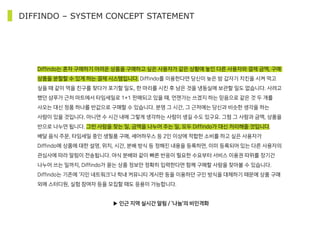 Diffindo는 혼자 구매하기 어려운 상품을 구매하고 싶은 사용자가 같은 상황에 놓인 다른 사용자와 결제 금액, 구매
상품을 분할할 수 있게 하는 결제 시스템입니다. Diffindo를 이용한다면 당신이 늦은 밤 갑자기 치킨을 시켜 먹고
싶을 때 같이 먹을 친구를 찾다가 포기할 일도, 한 마리를 시킨 후 남은 것을 냉동실에 보관할 일도 없습니다. 사려고
했던 샴푸가 근처 마트에서 타임세일로 1+1 판매되고 있을 때, 언젠가는 쓰겠지 하는 믿음으로 같은 것 두 개를
사오는 대신 정품 하나를 반값으로 구매할 수 있습니다. 분명 그 시간, 그 근처에는 당신과 비슷한 생각을 하는
사람이 있을 것입니다. 아니면 수 시간 내에 그렇게 생각하는 사람이 생길 수도 있구요. 그럼 그 사람과 금액, 상품을
반으로 나누면 됩니다. 그런 사람을 찾는 일, 금액을 나누어 주는 일, 모두 Diffindo가 대신 처리해줄 것입니다.
배달 음식 주문, 타임세일 중인 생필품 구매, 셰어하우스 등 2인 이상에 적합한 소비를 하고 싶은 사용자가
Diffindo에 상품에 대한 설명, 위치, 시간, 분배 방식 등 정해진 내용을 등록하면, 이미 등록되어 있는 다른 사용자의
관심사에 따라 알림이 전송됩니다. 야식 분배와 같이 빠른 반응이 필요한 수요부터 서비스 이용권 따위를 장기간
나누어 쓰는 일까지, Diffindo가 묻는 상품 정보만 정확히 입력한다면 함께 구매할 사람을 찾아볼 수 있습니다.
Diffindo는 기존에 ‘지인 네트워크’나 학내 커뮤니티 게시판 등을 이용하던 구인 방식을 대체하기 때문에 상품 구매
외에 스터디원, 실험 참여자 등을 모집할 때도 응용이 가능합니다.
▶ 인근 지역 실시간 알림 / ‘나눔’의 비인격화
DIFFINDO – SYSTEM CONCEPT STATEMENT
 