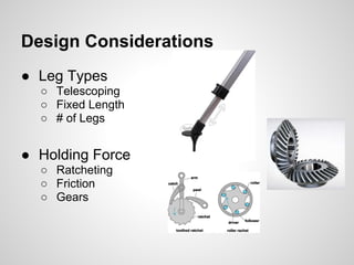Design Considerations
● Leg Types
  ○ Telescoping
  ○ Fixed Length
  ○ # of Legs


● Holding Force
  ○ Ratcheting
  ○ Friction
  ○ Gears
 