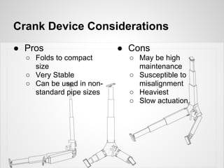 Crank Device Considerations
● Pros                    ● Cons
  ○ Folds to compact        ○ May be high
    size                      maintenance
  ○ Very Stable             ○ Susceptible to
  ○ Can be used in non-       misalignment
    standard pipe sizes     ○ Heaviest
                            ○ Slow actuation
 