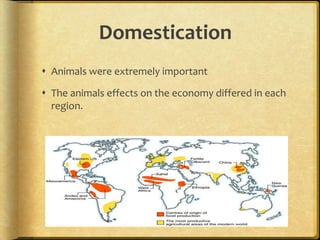 DomesticationAnimals were extremely importantThe animals effects on the economy differed in each region.