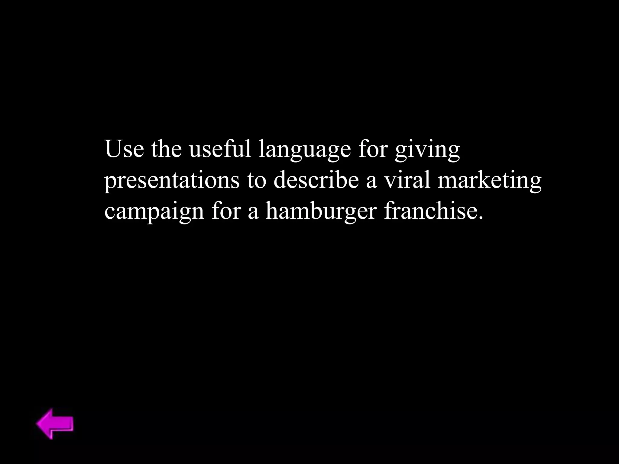 Use the useful language for giving
presentations to describe a viral marketing
campaign for a hamburger franchise.
 