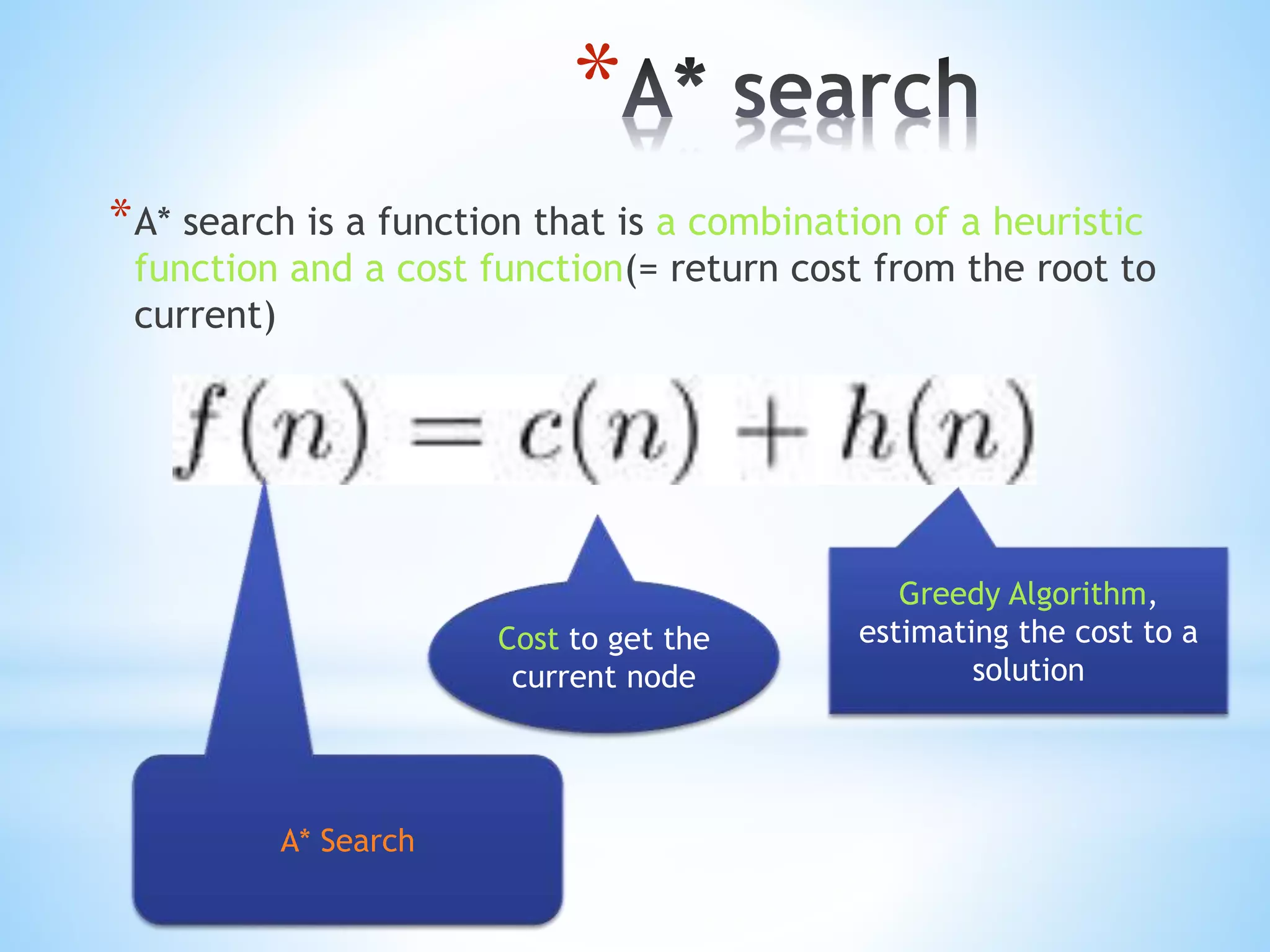 *
*A* search is a function that is a combination of a heuristic
function and a cost function(= return cost from the root to
current)
Greedy Algorithm,
estimating the cost to a
solution
Cost to get the
current node
A* Search
 