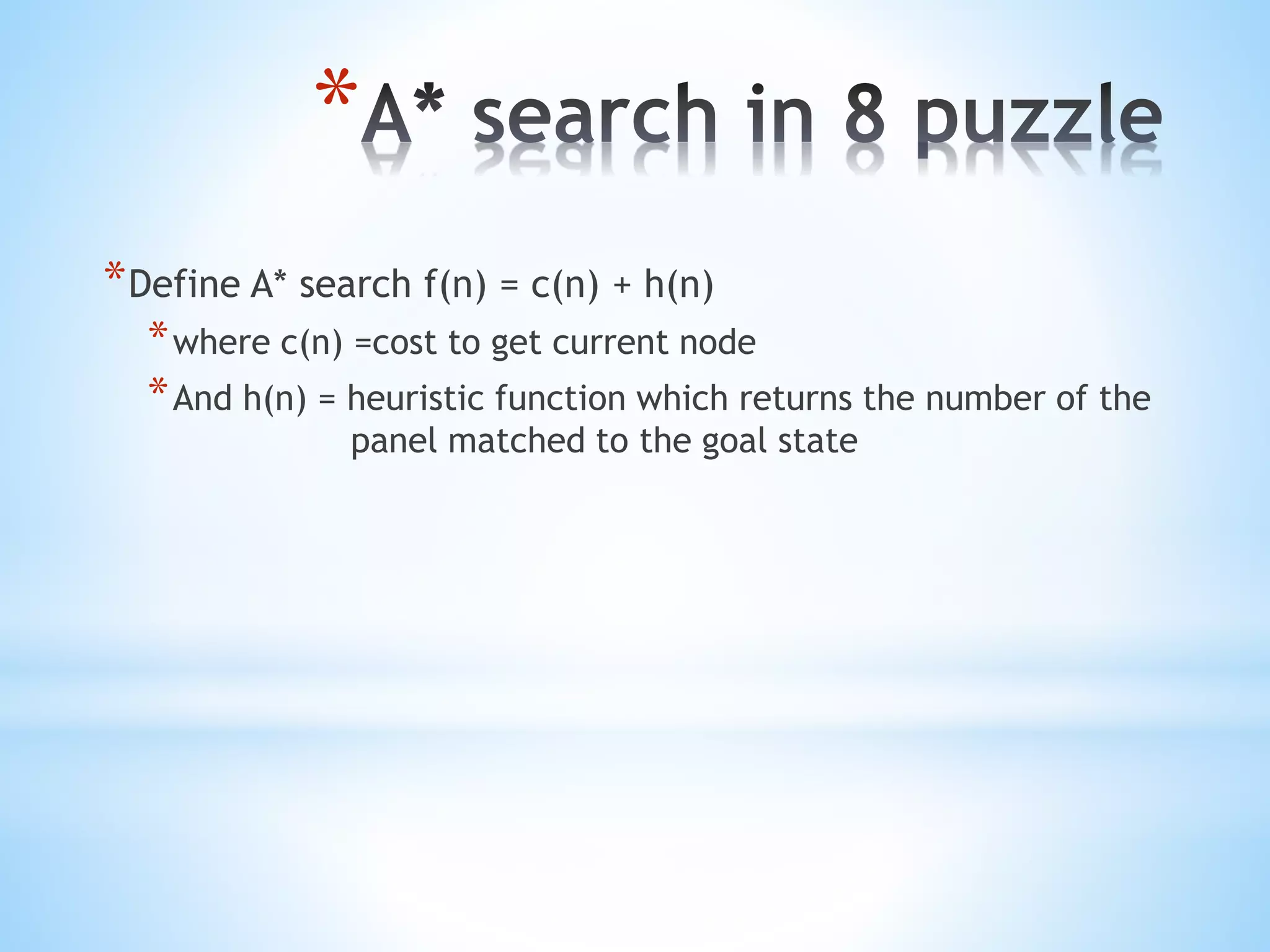 *
*Define A* search f(n) = c(n) + h(n)
*where c(n) =cost to get current node
*And h(n) = heuristic function which returns the number of the
panel matched to the goal state
 