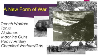 A New Form of War
Trench Warfare
Tanks
Airplanes
Machine Guns
Heavy Artillery
Chemical Warfare/Gas
 