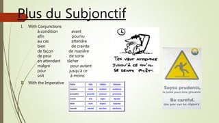 Plus du Subjonctif
I. With Conjunctions
à condition avant
afin pourvu
au cas attendre
bien de crainte
de façon de manière
de peur de sorte
en attendant tâcher
malgré pour autant
pour jusqu’à ce
soit à moins
II. With the Imperative
 