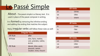 Le Passé Simple
About – The passé simple is a literary text. It is
used in place of the passé composé in writing.
-ER Verbs
-ai -âmes
-as -âtes
-a -èrent
-IR Verbs
-is -îmes
-is -îtes
-it -irent
-RE Verbs
-us -ûmes
-us -ûtes
-ut -urent
It is formed by removing the infinitive ending
and adding the ending that matches the subject.
Many irregular verbs will follow these rules as well:
Irregular Verbs
-ER Rule aller
-IR Rule dire, faire, mettre,
voir, prendre, naître,
écrire
-RE Rule devoir, être, avoir,
pouvoir, savoir,
vouloir, vivre, mourir
 