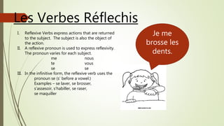 Les Verbes Réflechis
I. Reflexive Verbs express actions that are returned
to the subject. The subject is also the object of
the action.
II. A reflexive pronoun is used to express reflexivity.
The pronoun varies for each subject.
me nous
te vous
se se
III. In the infinitive form, the reflexive verb uses the
pronoun se (s’ before a vowel.)
Examples – se laver, se brosser,
s’assesoir, s’habiller, se raser,
se maquiller
Je me
brosse les
dents.
 