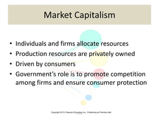 Copyright 2013, Pearson Education Inc., Publishing as Prentice-Hall
2-14
Market Capitalism
• Individuals and firms allocate resources
• Production resources are privately owned
• Driven by consumers
• Government’s role is to promote competition
among firms and ensure consumer protection
 