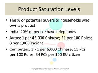 Copyright 2013, Pearson Education Inc., Publishing as Prentice-Hall
2-18
Product Saturation Levels
• The % of potential buyers or households who
own a product
• India: 20% of people have telephones
• Autos: 1 per 43,000 Chinese; 21 per 100 Poles;
8 per 1,000 Indians
• Computers: 1 PC per 6,000 Chinese; 11 PCs
per 100 Poles; 34 PCs per 100 EU citizen
 