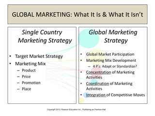 Copyright 2013, Pearson Education Inc., Publishing as Prentice-Hall
GLOBAL MARKETING: What It Is & What It Isn’t
Single Country
Marketing Strategy
• Target Market Strategy
• Marketing Mix
– Product
– Price
– Promotion
– Place
Global Marketing
Strategy
• Global Market Participation
• Marketing Mix Development
– 4 P’s: Adapt or Standardize?
• Concentration of Marketing
Activities
• Coordination of Marketing
Activities
• Integration of Competitive Moves
 